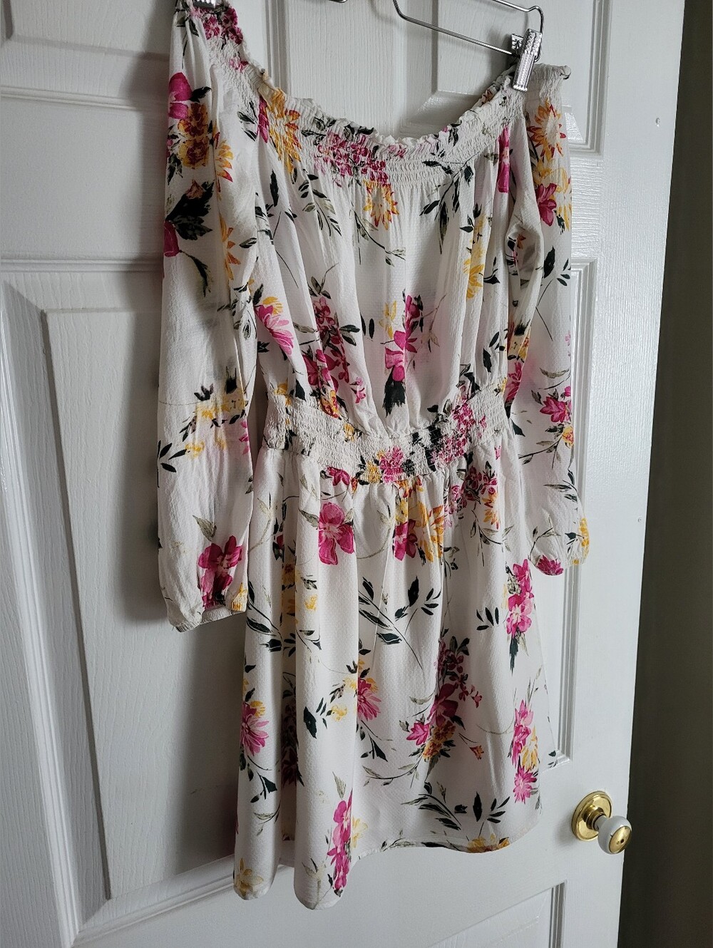 Dynamite White Floral Off-Shoulder Dress with Yellow & Pink Blooms